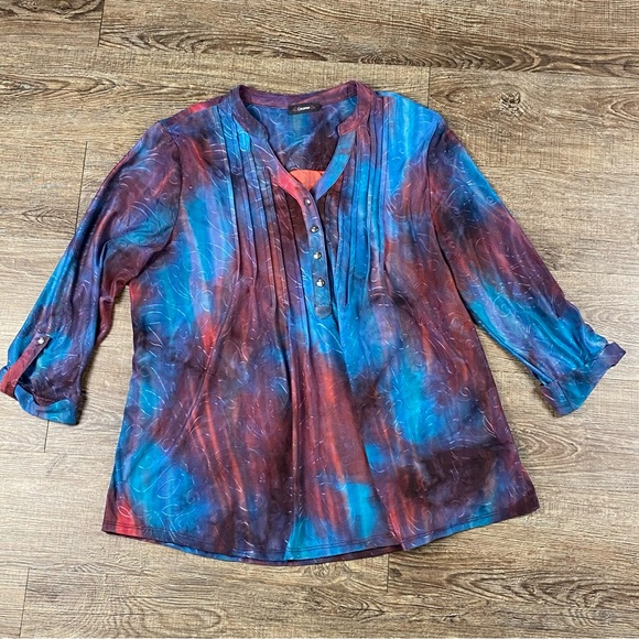 Tops - Cocomo Womens Y Neck Tunic Top L Floral Abstract Watercolor 3/4 Roll Tab Sleeve